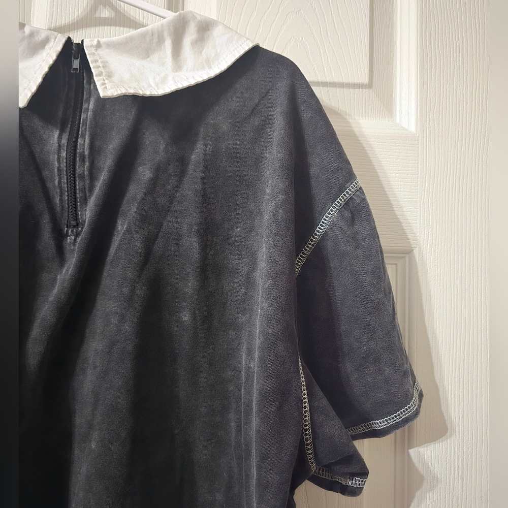 Social Collision Boxy Fit Acid Wash Collared Tee w/ Embroidered Skull Patch. - Picture 8 of 9